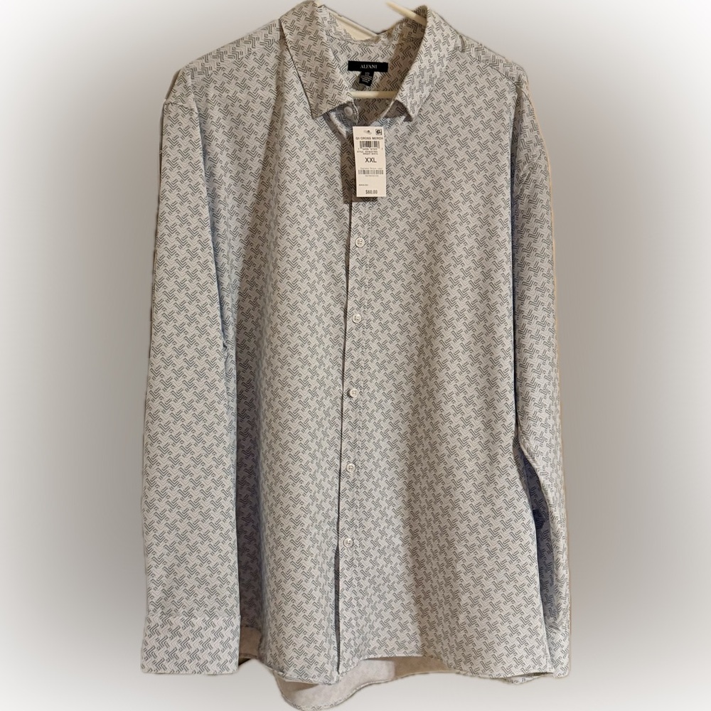 Men’s Alfani, XXL l/s white with black and tan zigzag pattern, NWT